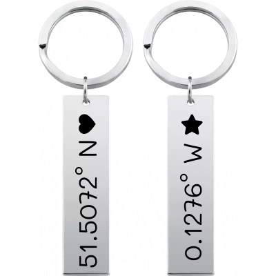 2 Personalized Keyrings with Engraved Coordinates